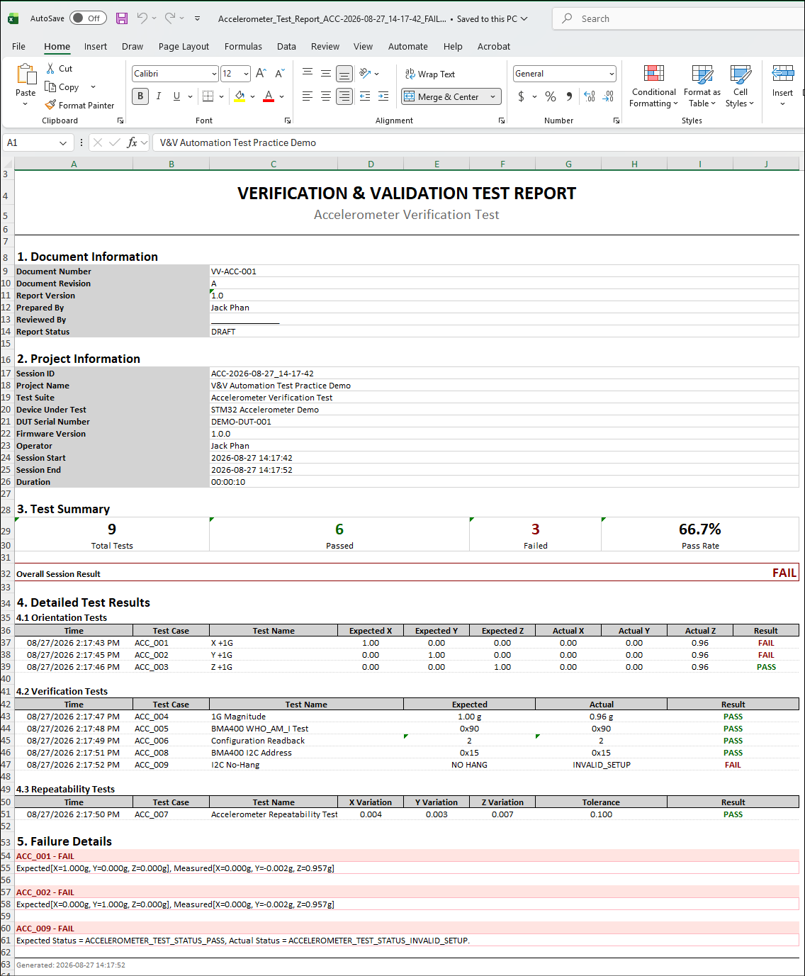 Excel Accelerometer Test Report
