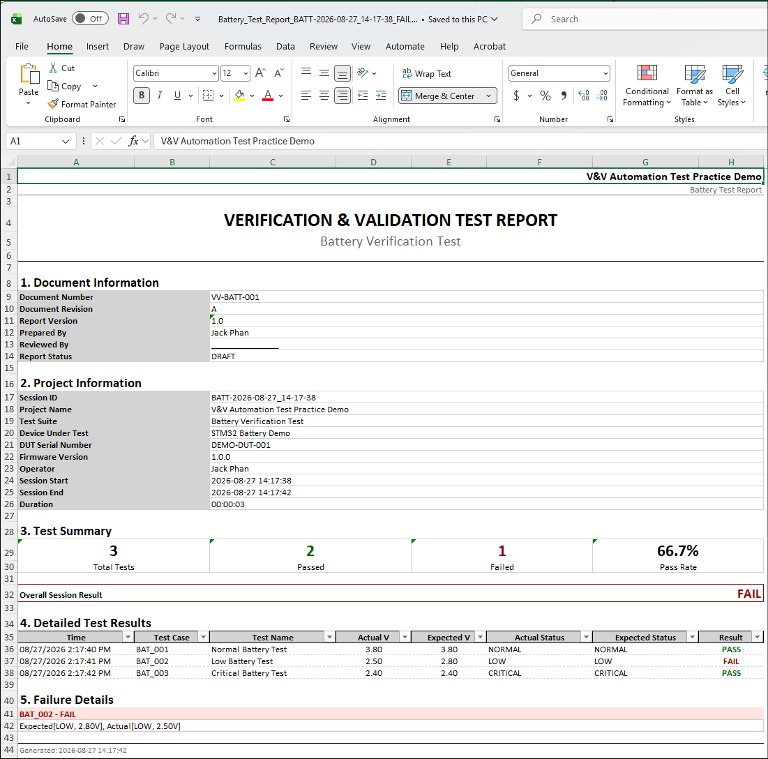 Excel Battery Test Report